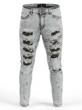 Focus Gray Acid Wash Distressed Rhinestone Skinny Jeans Men Size 32